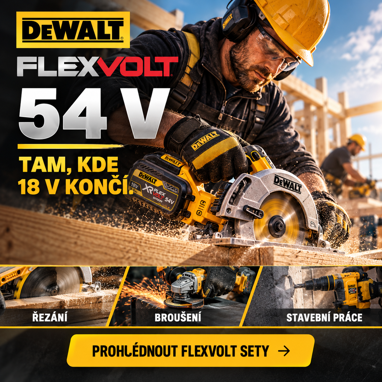 DEWALT FLEXVOLT 54 V pro řezání, broušení a stavební práce