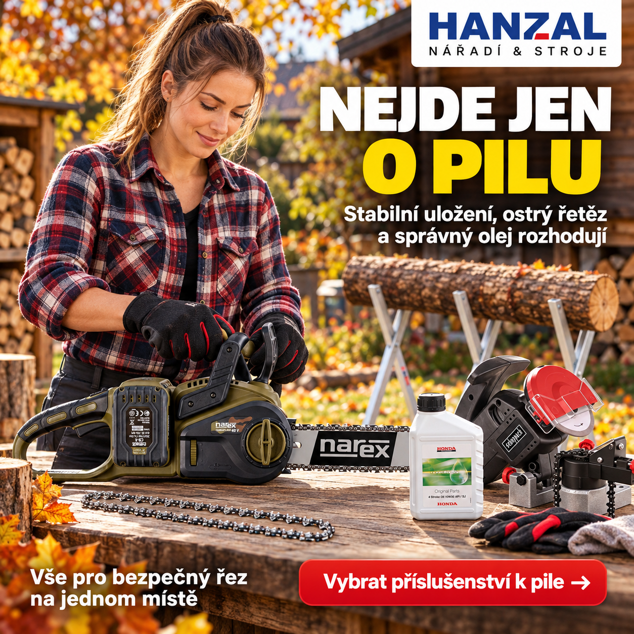 Stabilní uložení dřeva, ostrý řetěz a příslušenství k pile