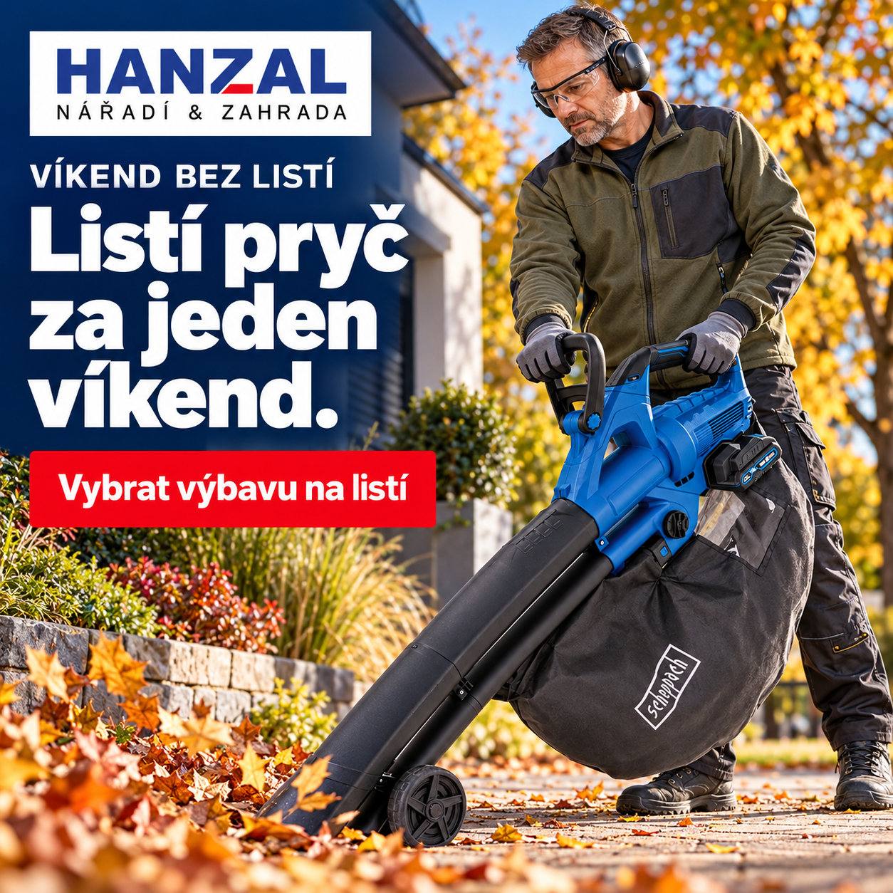 Úklid listí kolem domu se zahradním vysavačem
