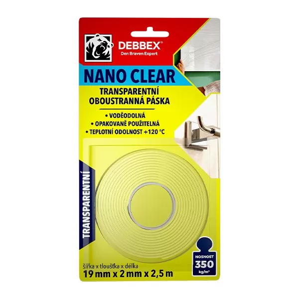 Transparentní oboustranná páska NANO CLEAR 19 mm × 2 mm, délka 2,5 m 2,5 m transparentní