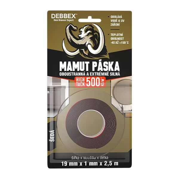 Oboustranná a extrémně silná MAMUT PÁSKA HIGH TACK 19 mm × 1 mm, délka 2,5 m 2,5 m šedá