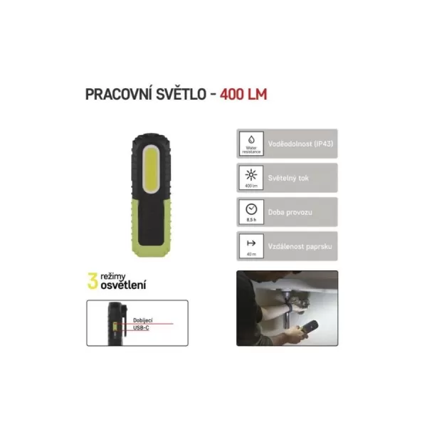 Svítilna pracovní COB LED + LED nabíjecí, 400lm