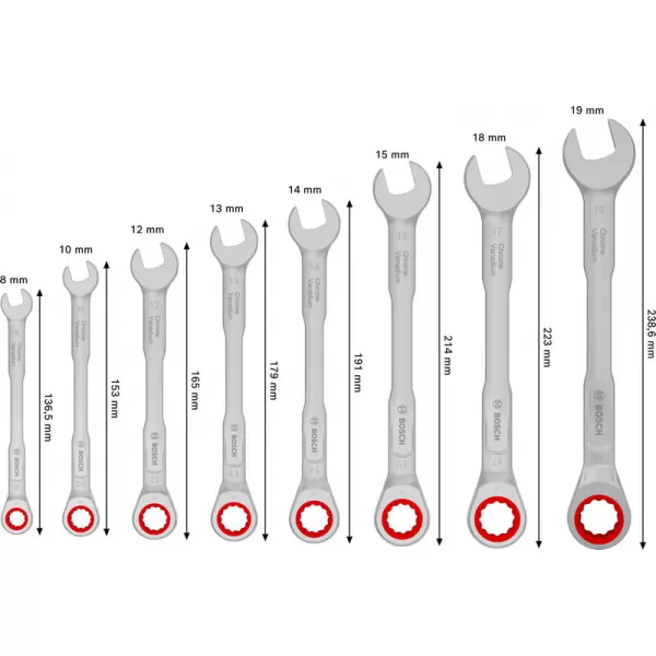 Sada ráčnových očkoplochých klíčů 8–19 mm, 8 ks Bosch Line