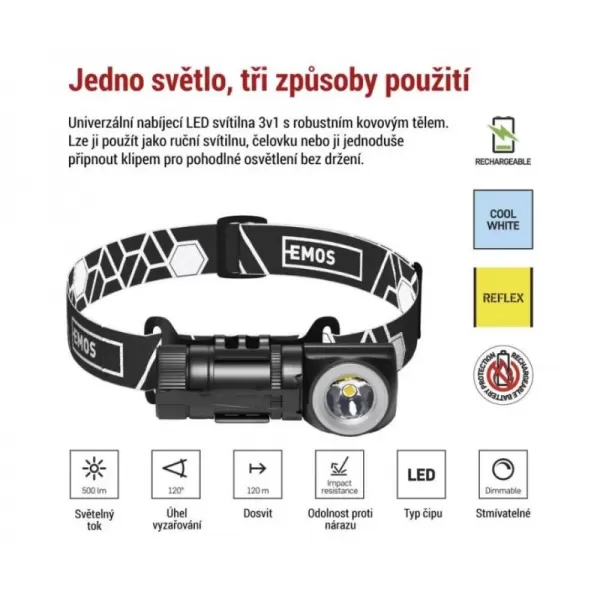 Nabíjecí čelovka EMOS P3544, 500 lm, 800 mAh, LED, 120m