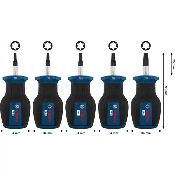 Sada krátkých šroubováků Torx, 5 ks Bosch PRO