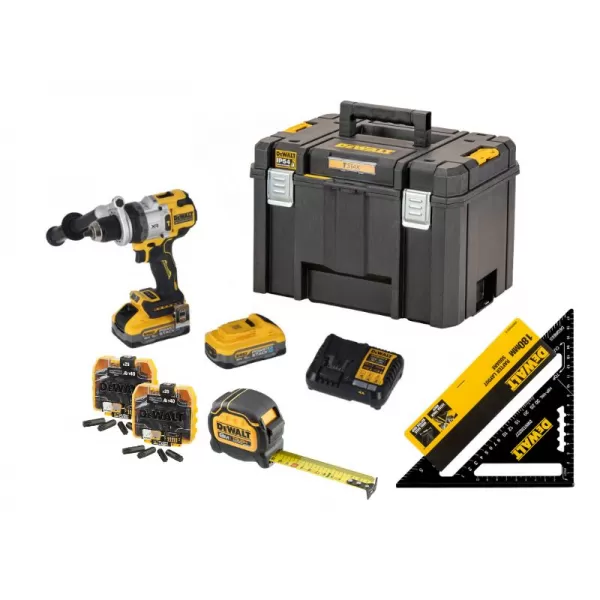 Aku vrtačka s příklepem DeWalt DCD1007H2AT, 18V, 2x5,0Ah + dárek ÚHELNÍK, METR A SADY BITŮ