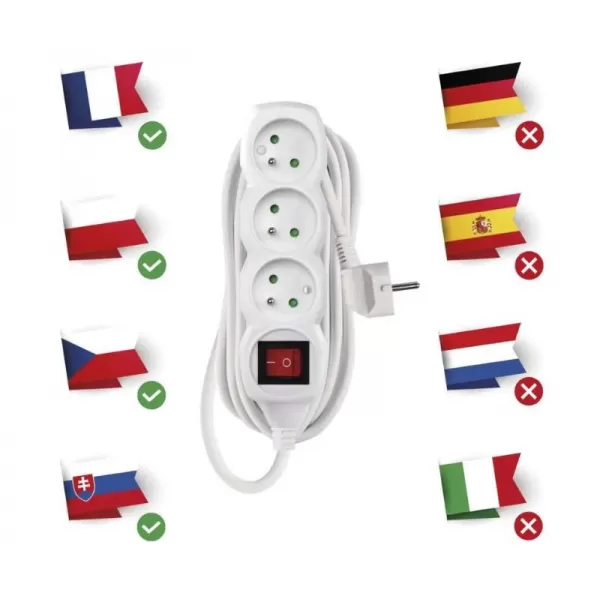 Kabel prodlužovací 3 zásuvky 2m EMOS P1312 s vypánačem PVC, 230V 1 mm2