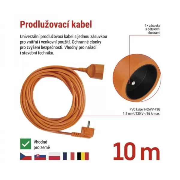 Kabel prodlužovací 10m EMOS P01110 PVC 230V, oranžový 1,5mm2