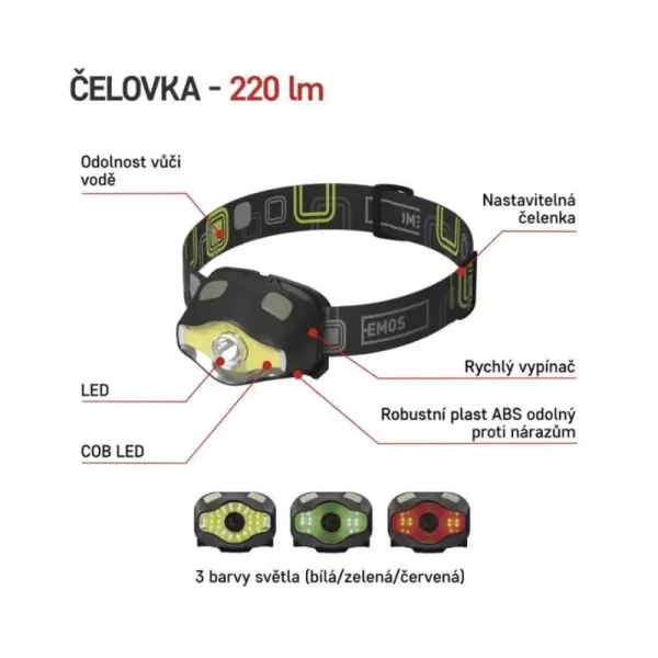 Čelovka EMOS P3536, 500 lm, 3xAAA, LED, 120m