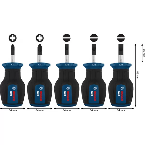 Sada krátkých šroubováků PZ/SL, 5 ks Bosch PRO