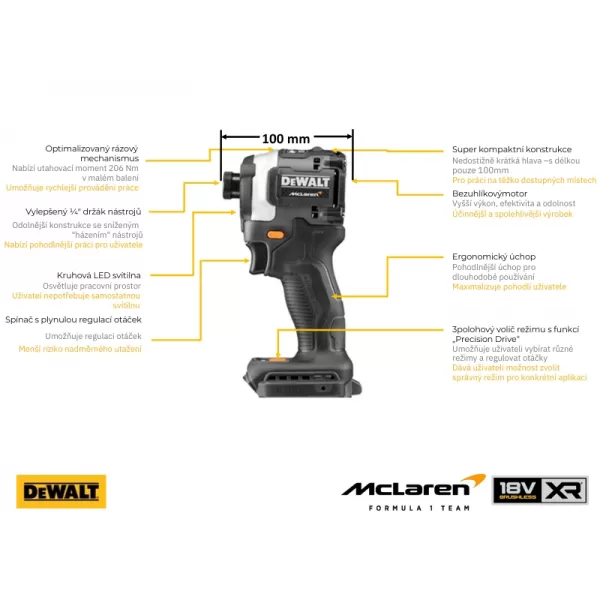 Aku rázový utahovák DeWalt McLaren DCF85MP2T 1/4", 2 x 5.0 Ah, nabíječka, Kufr Tstak