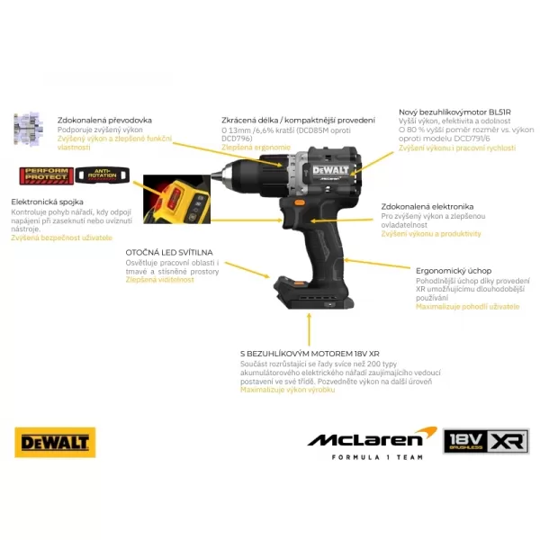 Aku příklepová vrtačka DeWalt McLaren DCD85MP2T , 2 x 5.0 Ah akumulátor, nabáječka, kufr Tstak
