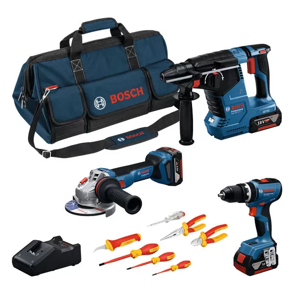 Sada aku nářadí Bosch GSB 18V-65 + GWS 18V-11 + GBH 18V-24C + VDE sada šroubováků a kleští (3x 5.0Ah)