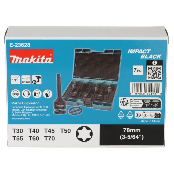 Sada nástrčných klíčů Torx 1/2", čtyřhran rázový, Impact Black T30-T70 7ks Makita